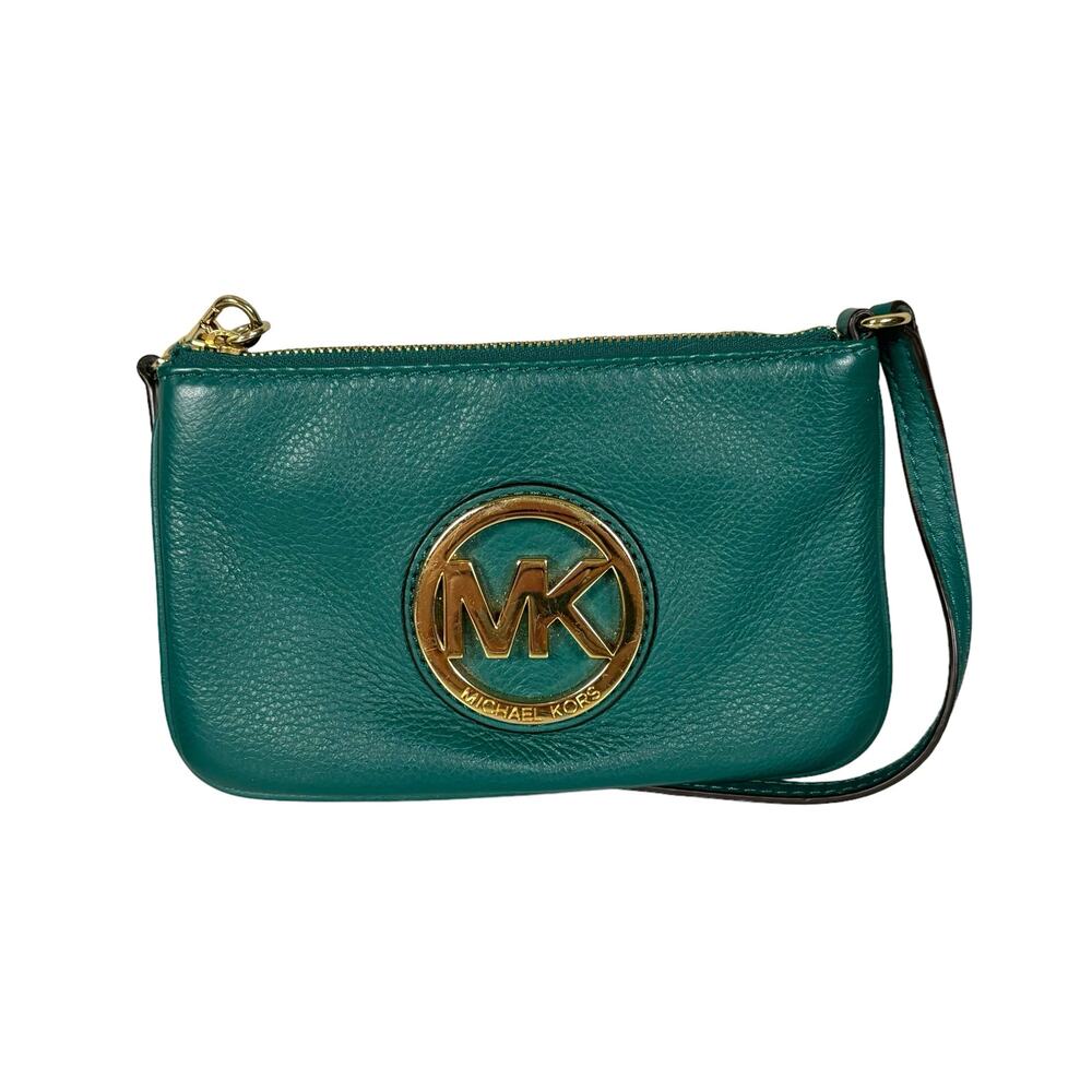 Michael Kors Fulton Leather Wristlet Deep Sea Green Pebbled Leather MK Logo - Picture 2 of 10